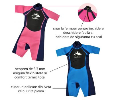 Konfidence - Costum inot din neopren pentru copii  Shorty Wetsuit pink 5-6 ani - Konfidence